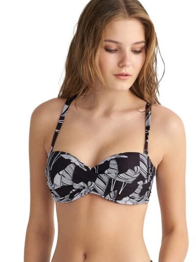 Μαγιό Strapless Top Blu4u Cup D 'BLACK LEAVES' Ασπρόμαυρο